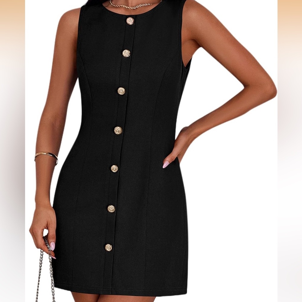 Black button down sleeveless dress.